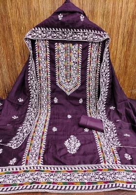 Purple Embroidered Cotton Blend Dress Material