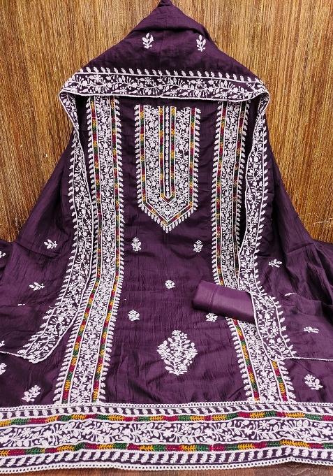 Purple Embroidered Blended Straight Kurta Set
