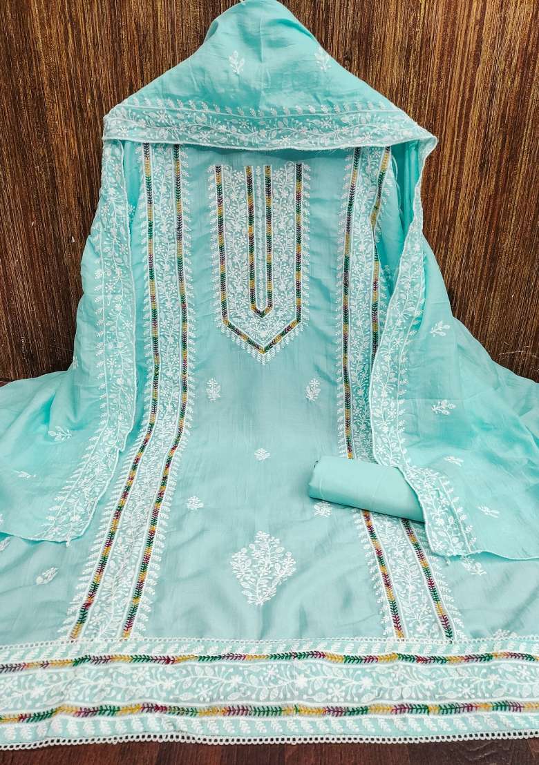 Sky Blue Embroidered Cotton Blend Dress Material - Indya