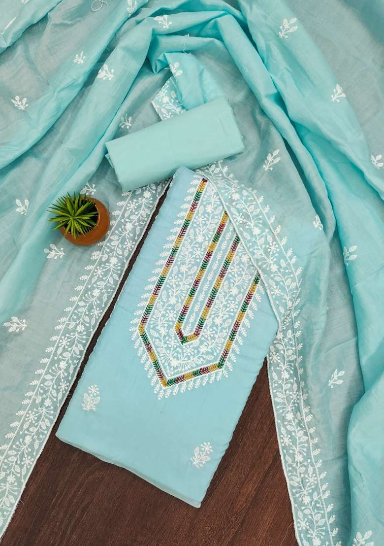 Sky Blue Embroidered Cotton Blend Dress Material - Indya