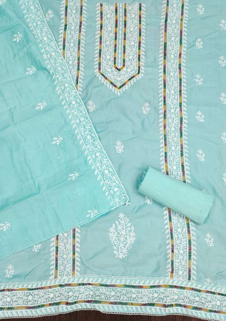 Sky Blue Embroidered Cotton Blend Dress Material - Indya