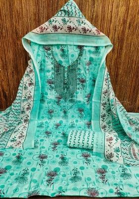Sea Green Embroidered Cotton Straight Kurta Set