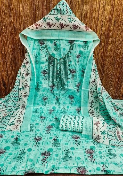 Sea Green Embroidered Cotton Straight Kurta Set