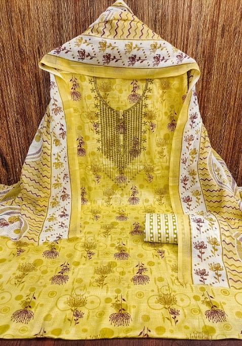 Yellow Embroidered Cotton Blend Dress Material