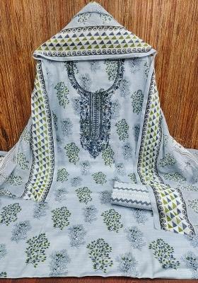 Grey Embroidered Cotton Blend Dress Material
