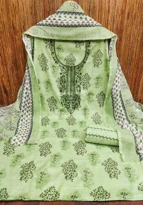 Light Green Embroidered Cotton Blend Dress Material