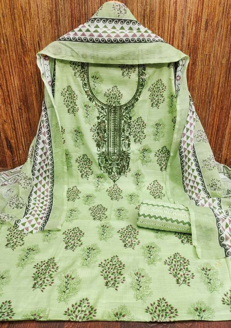 Light Green Printed Cotton Straight Kurta Set - Indya