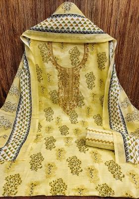Yellow Embroidered Cotton Blend Dress Material