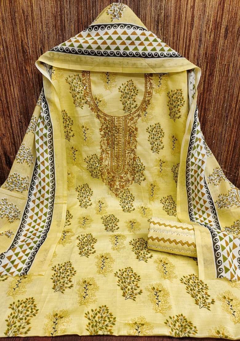 Yellow Embroidered Cotton Straight Kurta Set - Indya