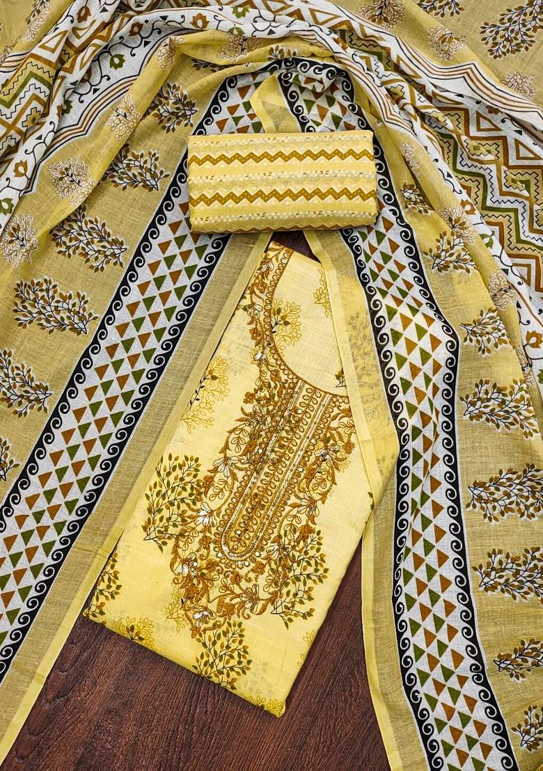 Yellow Embroidered Cotton Straight Kurta Set - Indya