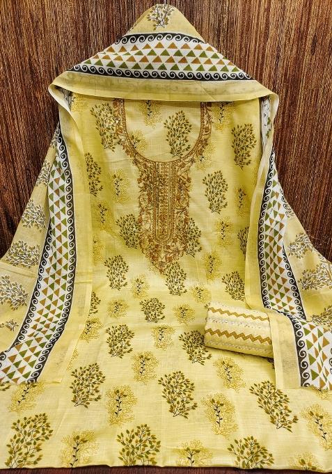 Yellow Embroidered Cotton Blend Dress Material