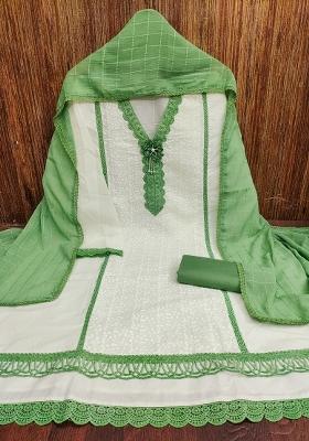 White Embroidered Cotton Blend Dress Material