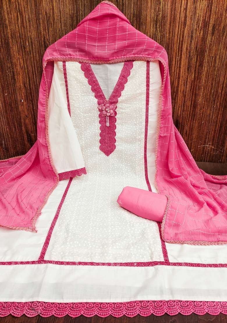 White Embroidered Cotton Blend Dress Material - Indya