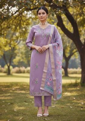 Lavender Embroidered Cotton Blend Dress Material