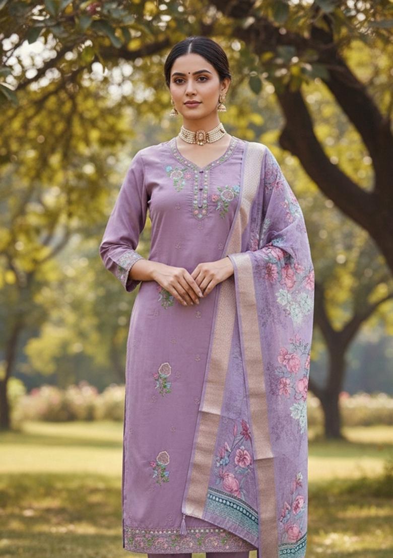 Lavender Embroidered Cotton Blend Dress Material - Indya