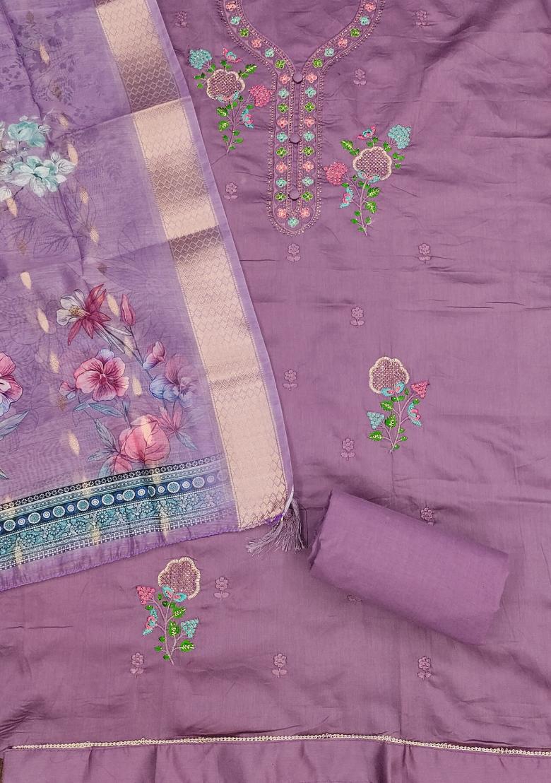 Lavender Embroidered Cotton Blend Dress Material - Indya