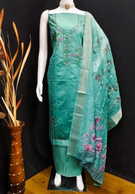 Sea Green Embroidered Cotton Straight Kurta Set
