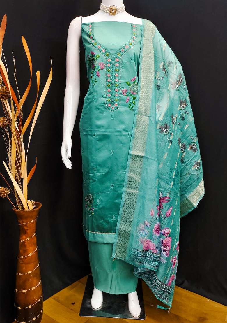 Sea Green Embroidered Cotton Straight Kurta Set - Indya