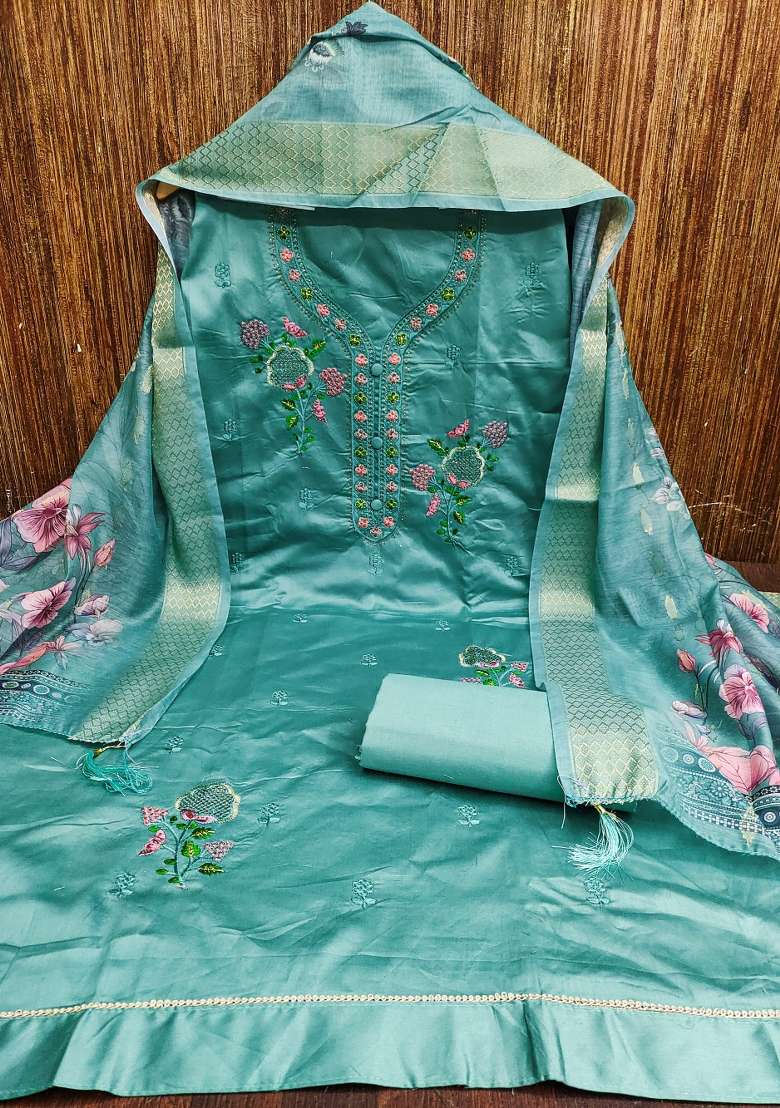 Sea Green Embroidered Cotton Straight Kurta Set - Indya