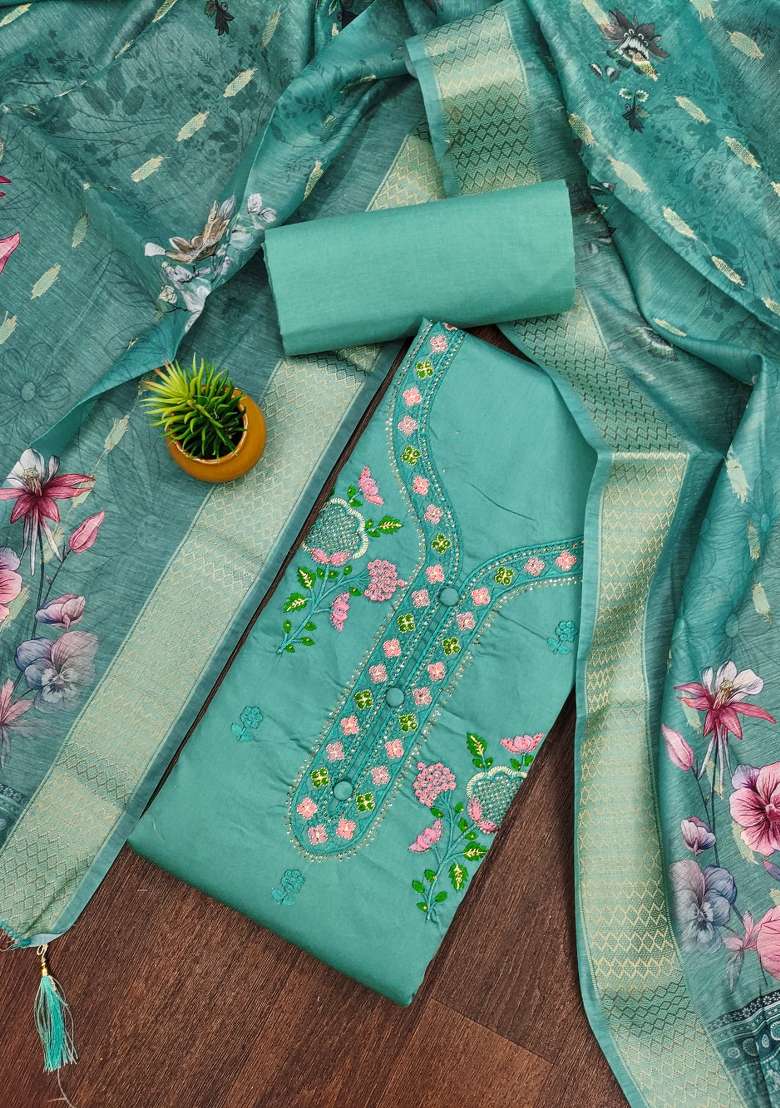 Sea Green Embroidered Cotton Straight Kurta Set - Indya
