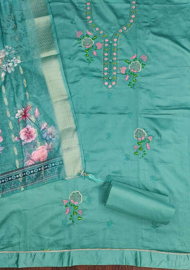 Sea Green Embroidered Cotton Straight Kurta Set - Indya