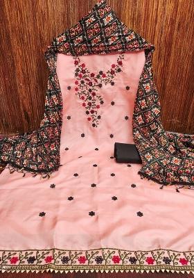 Peach Embroidered Cotton Blend Dress Material