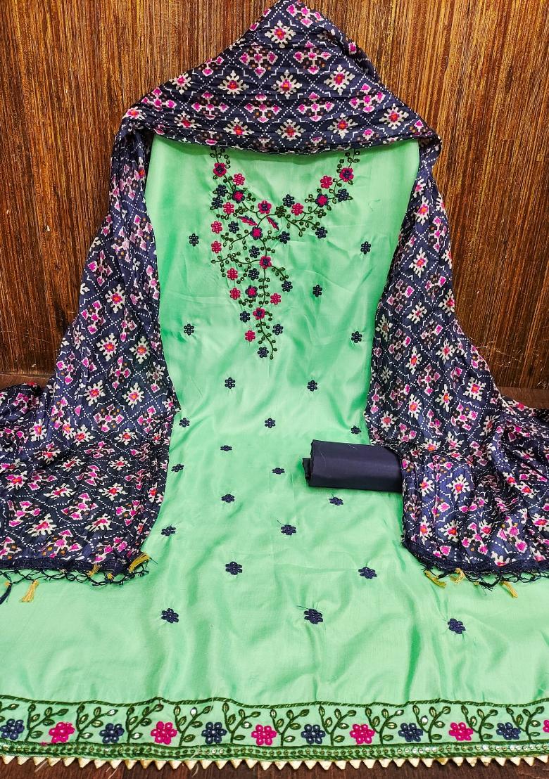 Sea Green Embroidered Cotton Blend Dress Material