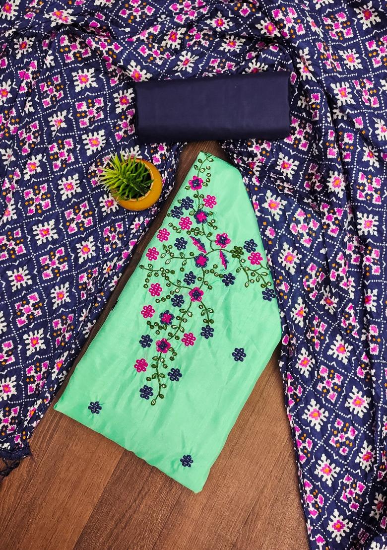 Sea Green Embroidered Cotton Blend Dress Material