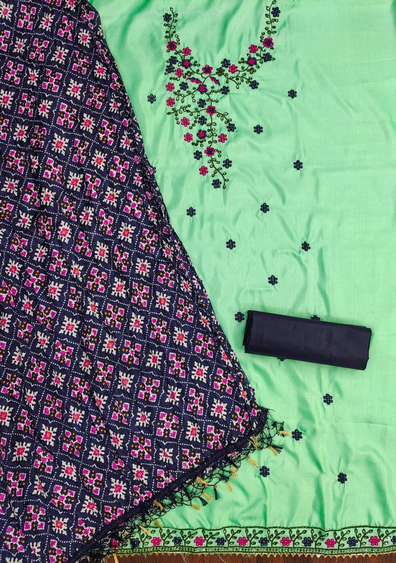 Sea Green Embroidered Cotton Blend Dress Material