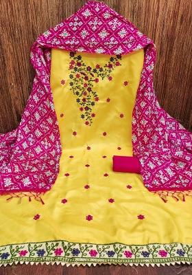 Yellow Embroidered Cotton Blend Dress Material