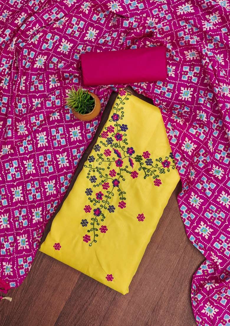 Yellow Embroidered Blended Punjabi Suit - Indya