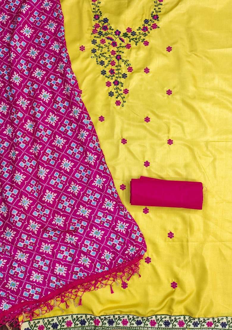 Yellow Embroidered Blended Punjabi Suit - Indya
