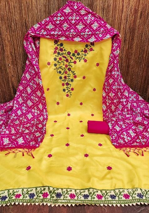 Yellow Embroidered Cotton Blend Dress Material
