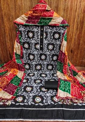 Black Embroidered Cotton Blend Dress Material