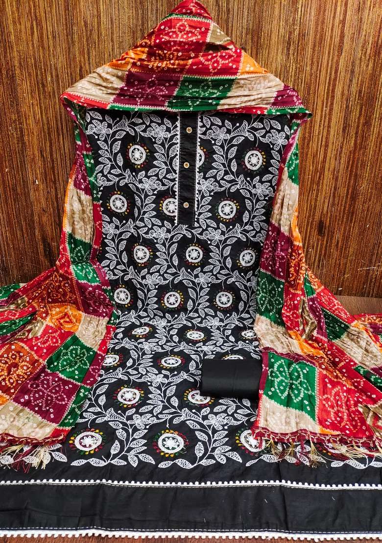 Black Embroidered Cotton Blend Dress Material - Indya
