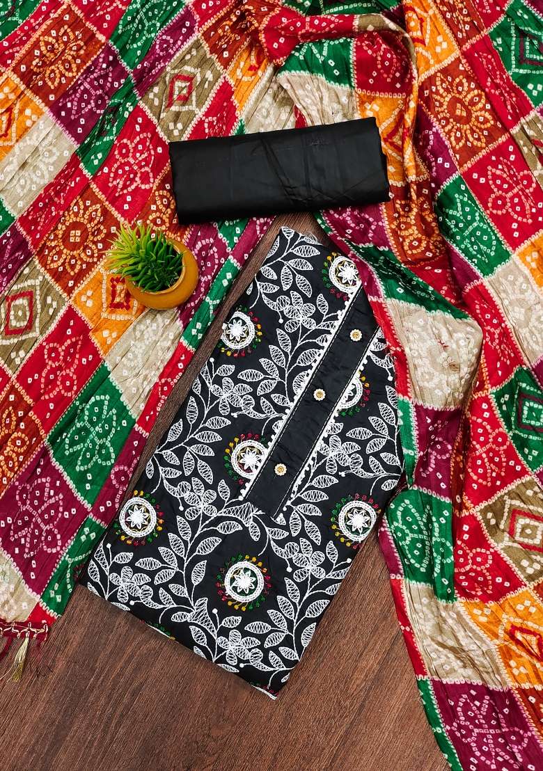 Black Embroidered Cotton Blend Dress Material - Indya
