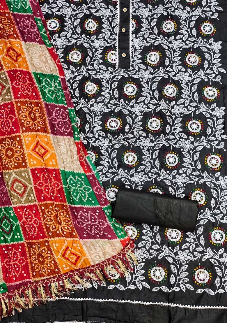 Black Embroidered Cotton Blend Dress Material - Indya