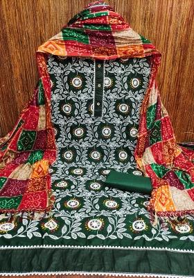 Green Embroidered Cotton Blend Dress Material