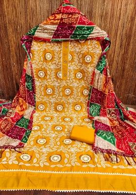 Mustard Embroidered Cotton Blend Dress Material