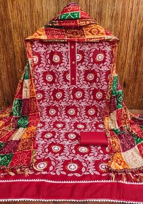 Red Embroidered Cotton Blend Dress Material