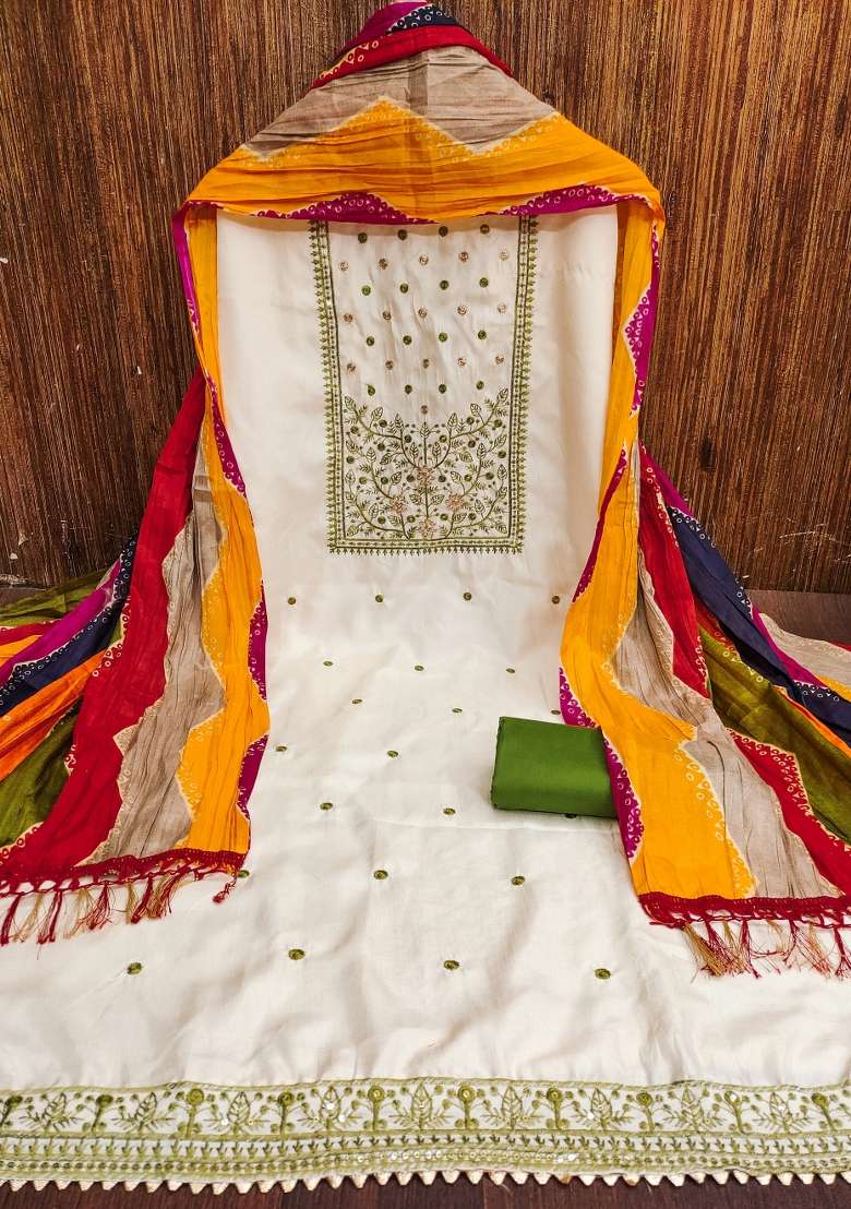 White Embroidered Blended Punjabi Suit - Indya