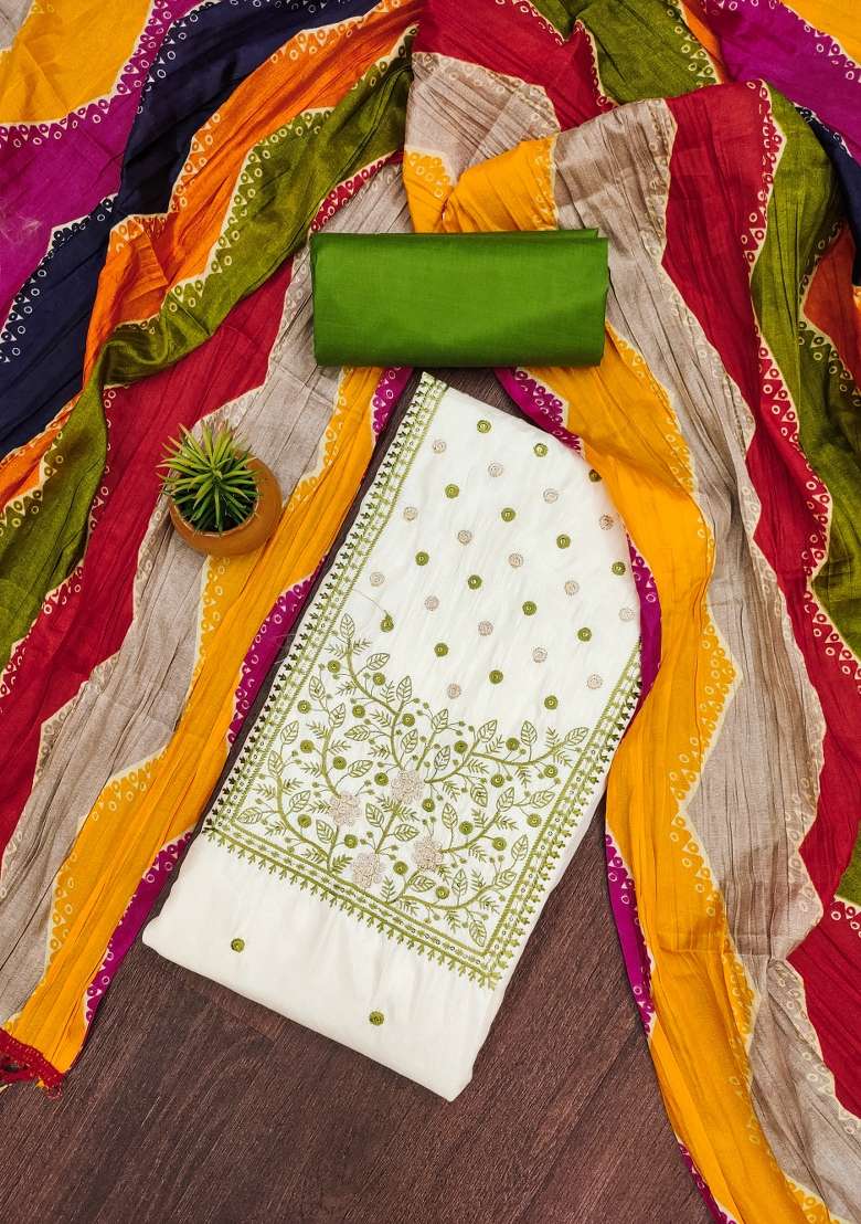 White Embroidered Blended Punjabi Suit - Indya