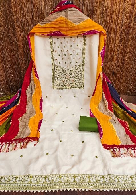 White Embroidered Cotton Blend Dress Material