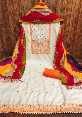 White Embroidered Cotton Blend Dress Material