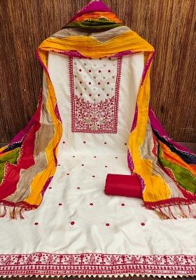 White Embroidered Cotton Blend Dress Material