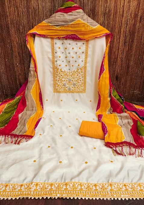 White Embroidered Cotton Blend Dress Material