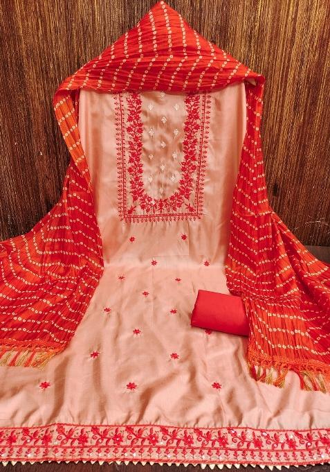 Peach Embroidered Cotton Blend Dress Material