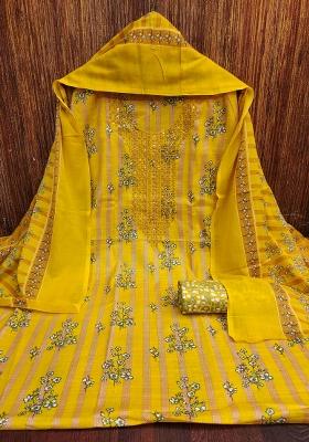 Mustard Embroidered Cotton Blend Dress Material