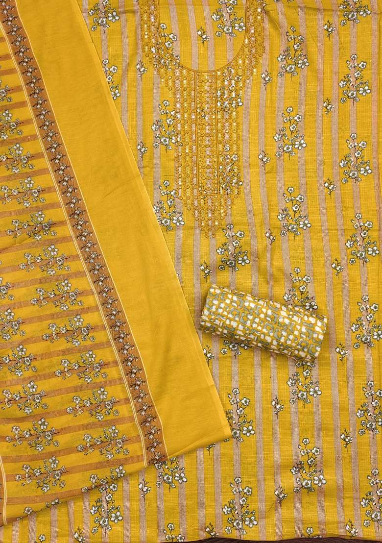 Mustard Striped Blended Straight Kurta Set - Indya