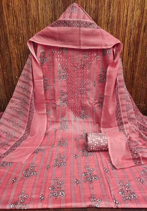 Pink Embroidered Blended Straight Kurta Set